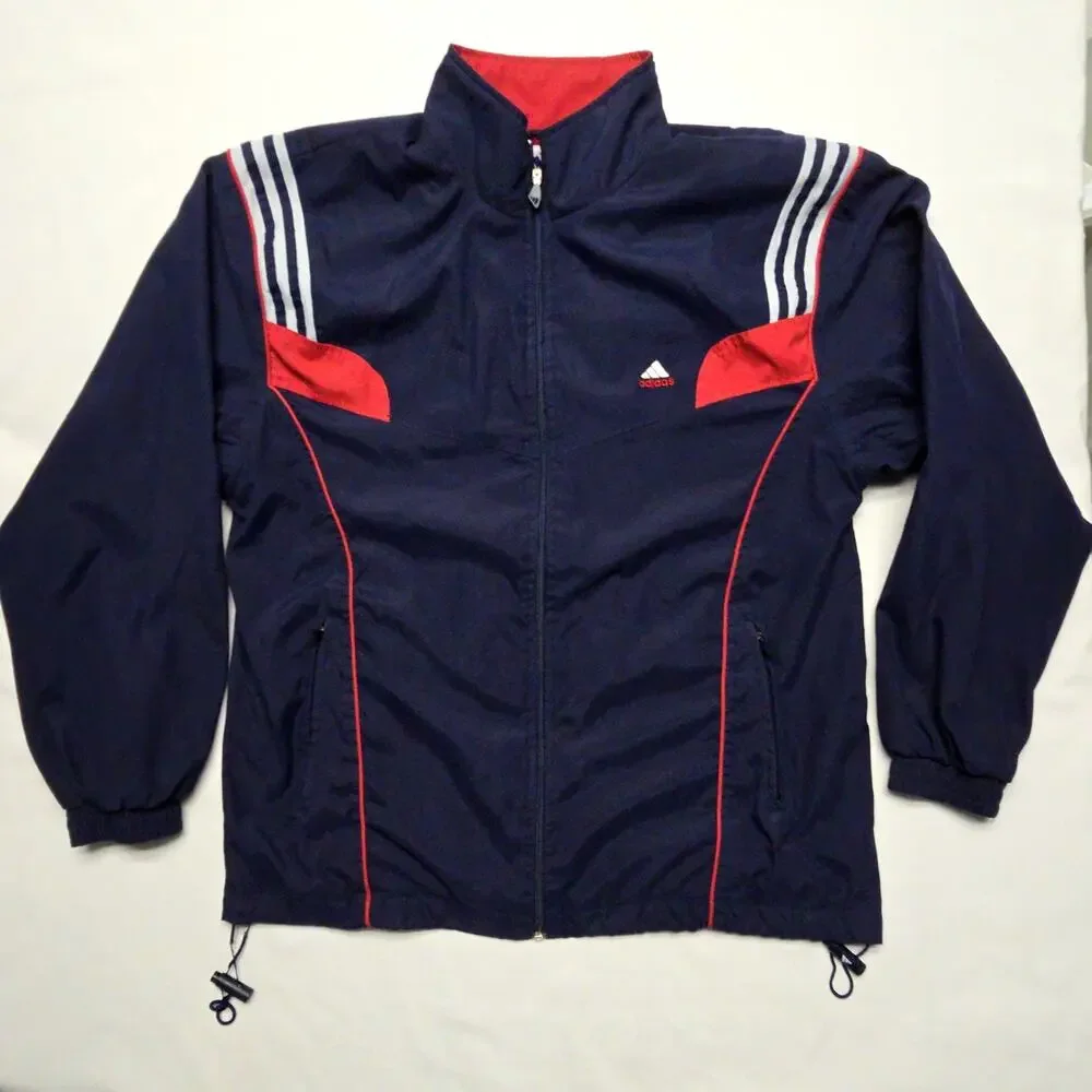 Vintage Adidas Mens Windbreaker Jacket Navy Red Stripes Full Zip XL Track Jacket